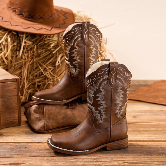 ⚡Kids Brown Synthetic Cowboy Western Riding Shoes Square Toe Wide Calf Boots - Picture 5 of 8